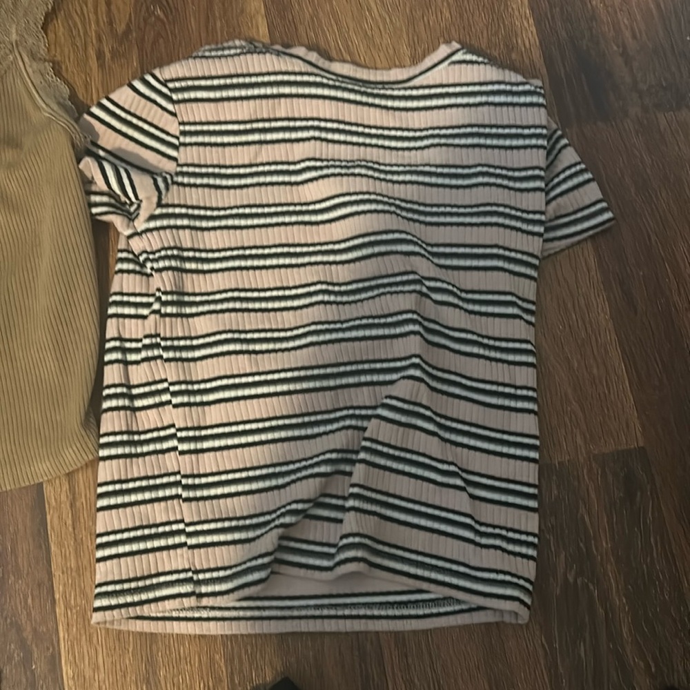 Pink with white black and gray striped baby tee